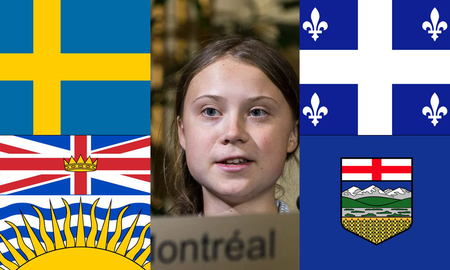 Flags of Sweden, British Columbia, Quebec and Alberta (credit Wikipedia) and file photo of Swedish climate activist Greta Thunberg by Josie Desmarais