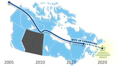 Provinces and territories in blue are home to 85 per cent of Canadians and on track to meet our climate target. Illustration by Barry Saxifrage, base map by E Pluribus Anthony