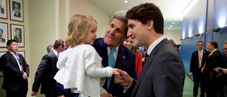 Canadian Prime Minister Justin Trudeau plays with the granddaughter of U.S. Secretary of State John Kerry, April 22, 2016. Photo from U.S. Department of State